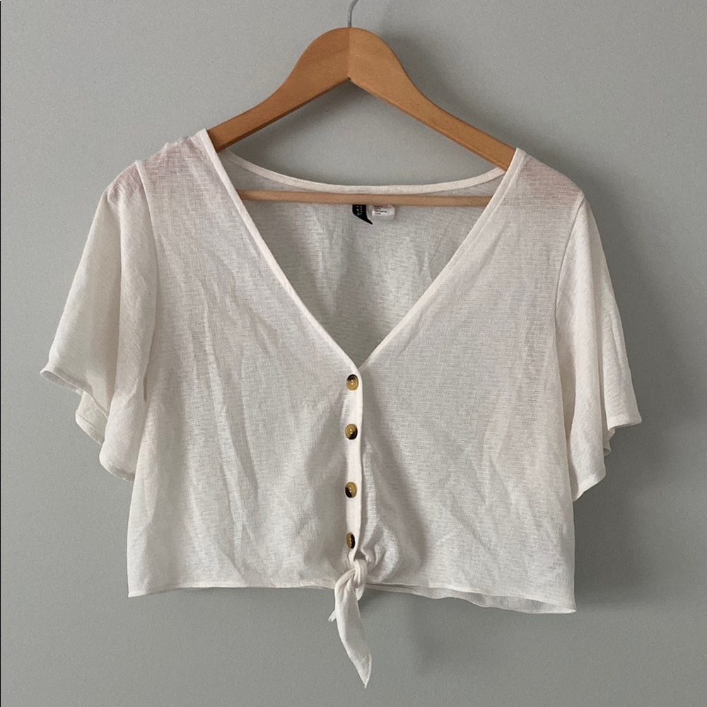 Divided H&M White Flutter Sleeve Button Down Crop Top Sheer Summer